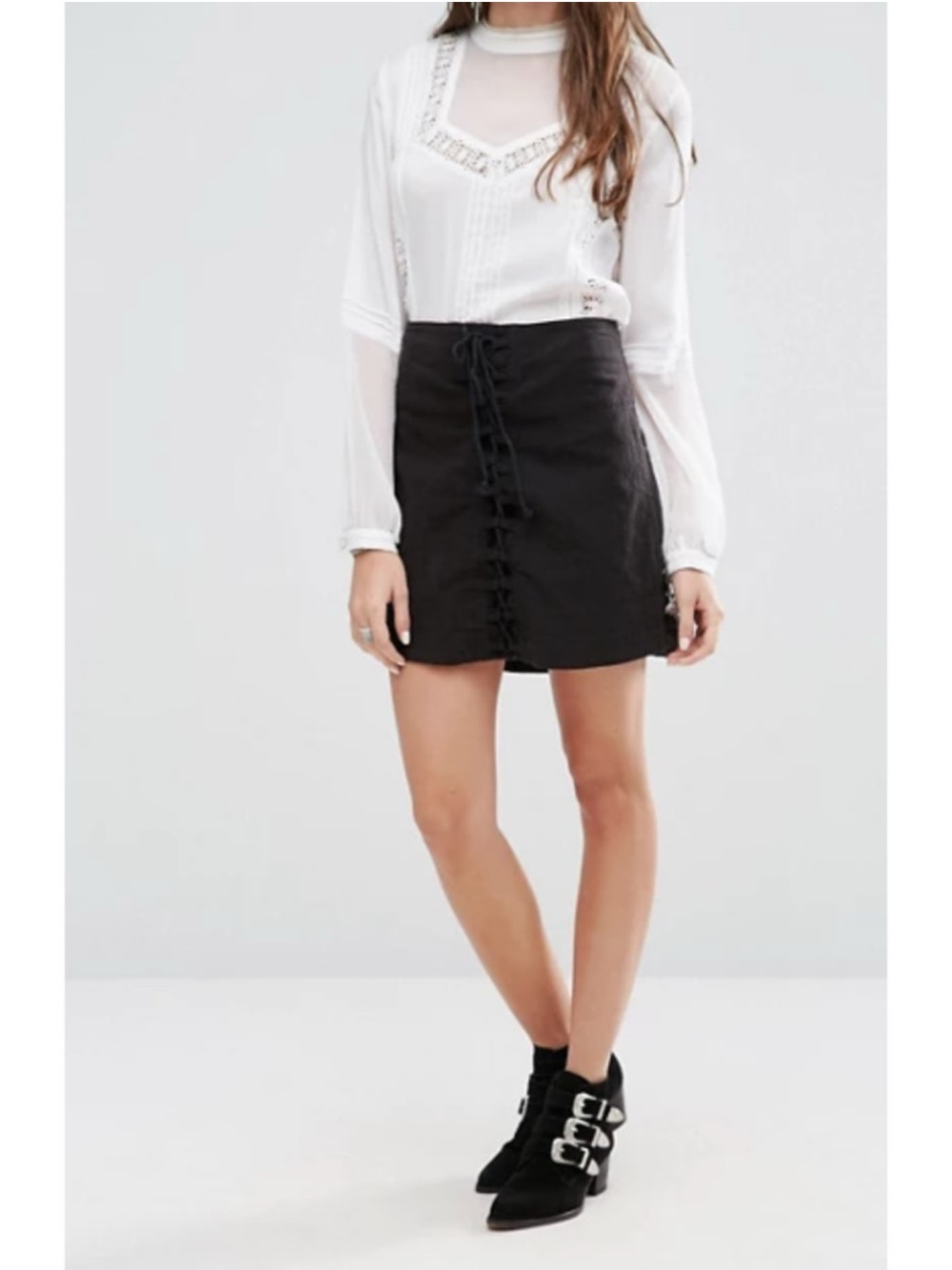 Free People “Walk My Way” Black Lace-Up Mini Skirt (F)